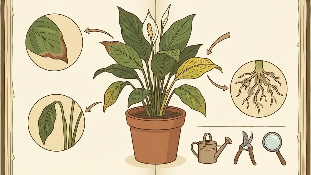 Troubleshooting peace lily plant care issues like yellow leaves and brown tips