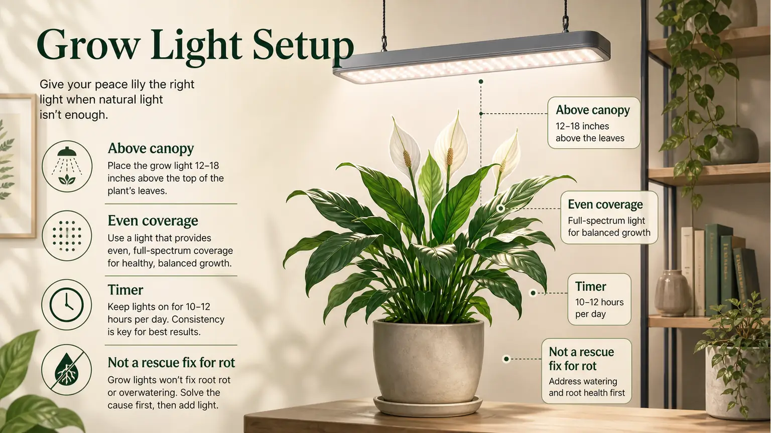 Illustrated grow light setup for a peace lily houseplant