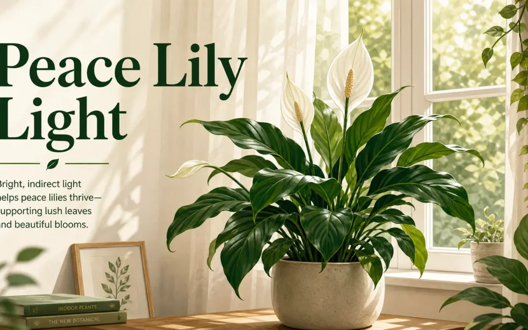 Illustrated peace lily near a bright filtered window for a light requirements guide