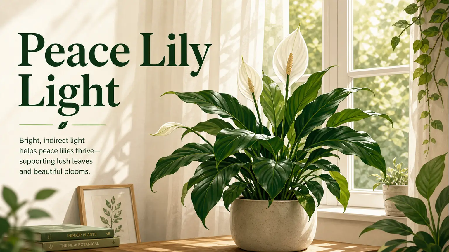 Illustrated peace lily near a bright filtered window for a light requirements guide