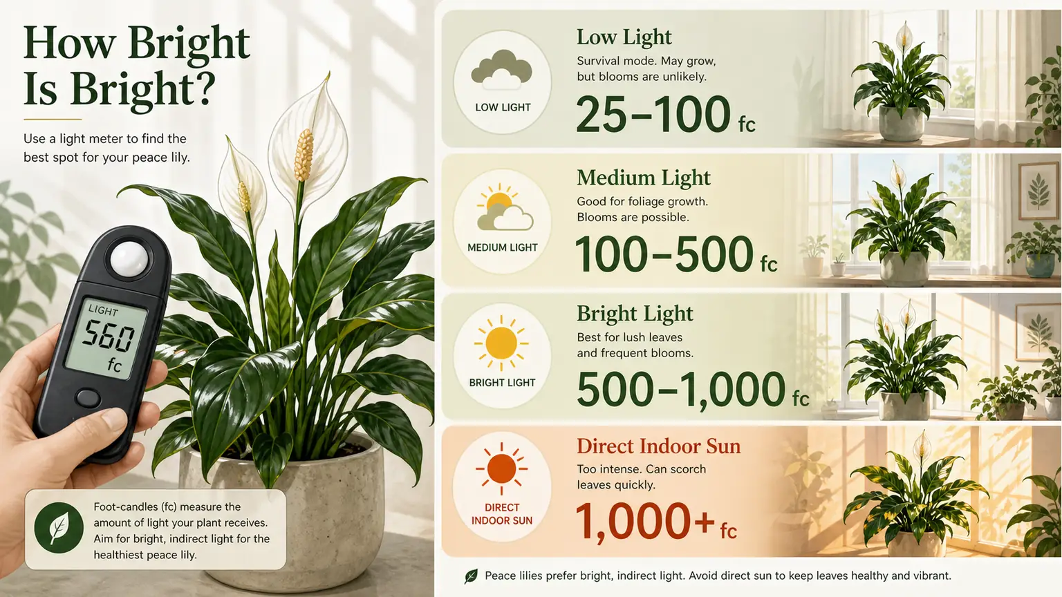 Illustrated indoor light meter ranges for peace lily placement