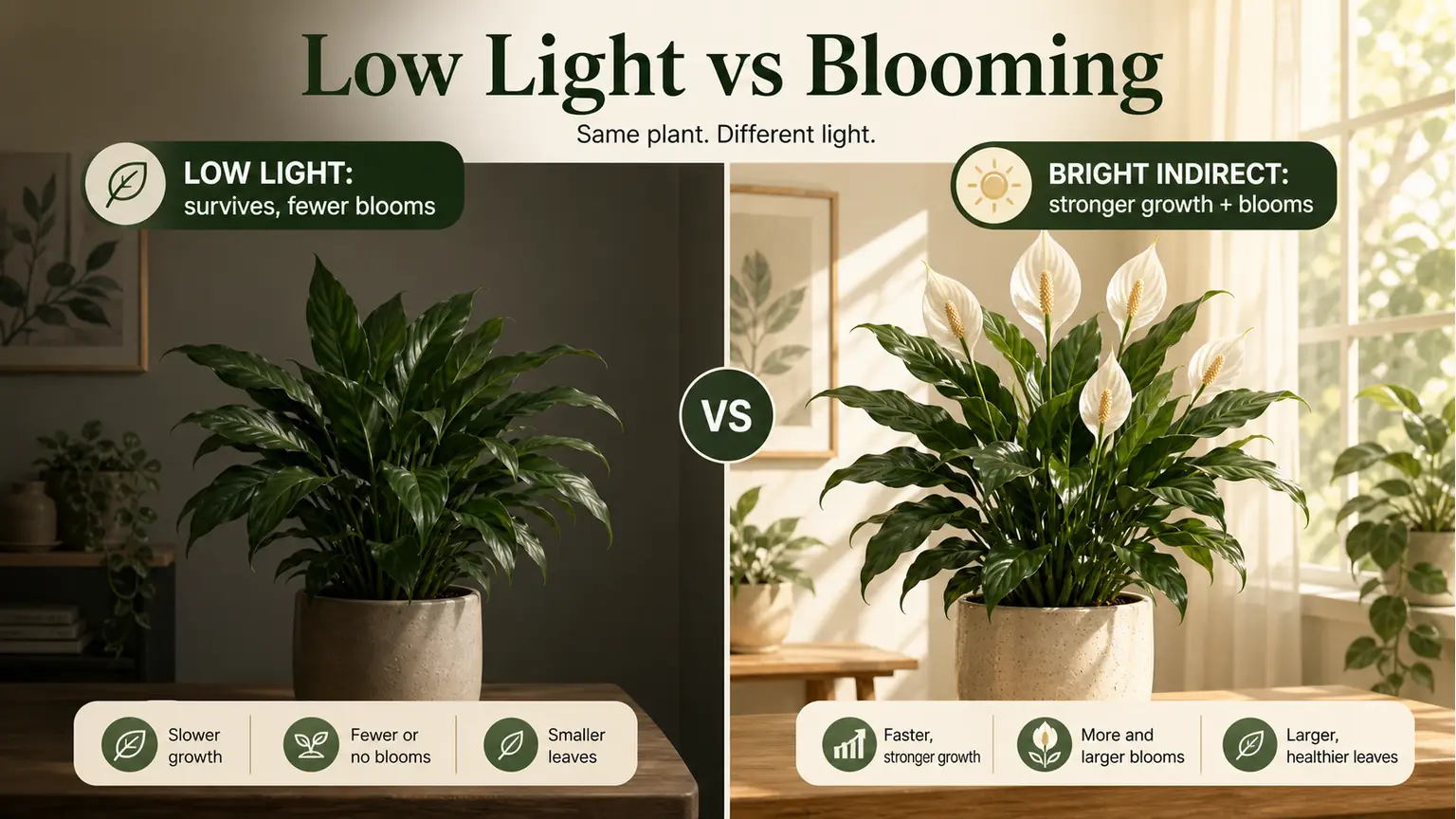 Illustrated low light versus bright indirect light comparison for peace lily blooming