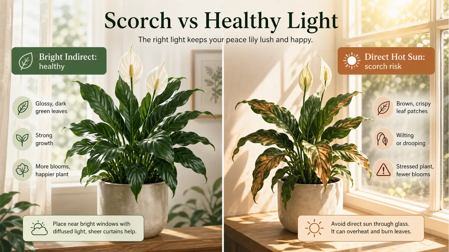 Illustrated healthy bright indirect light versus sun scorch on peace lily leaves