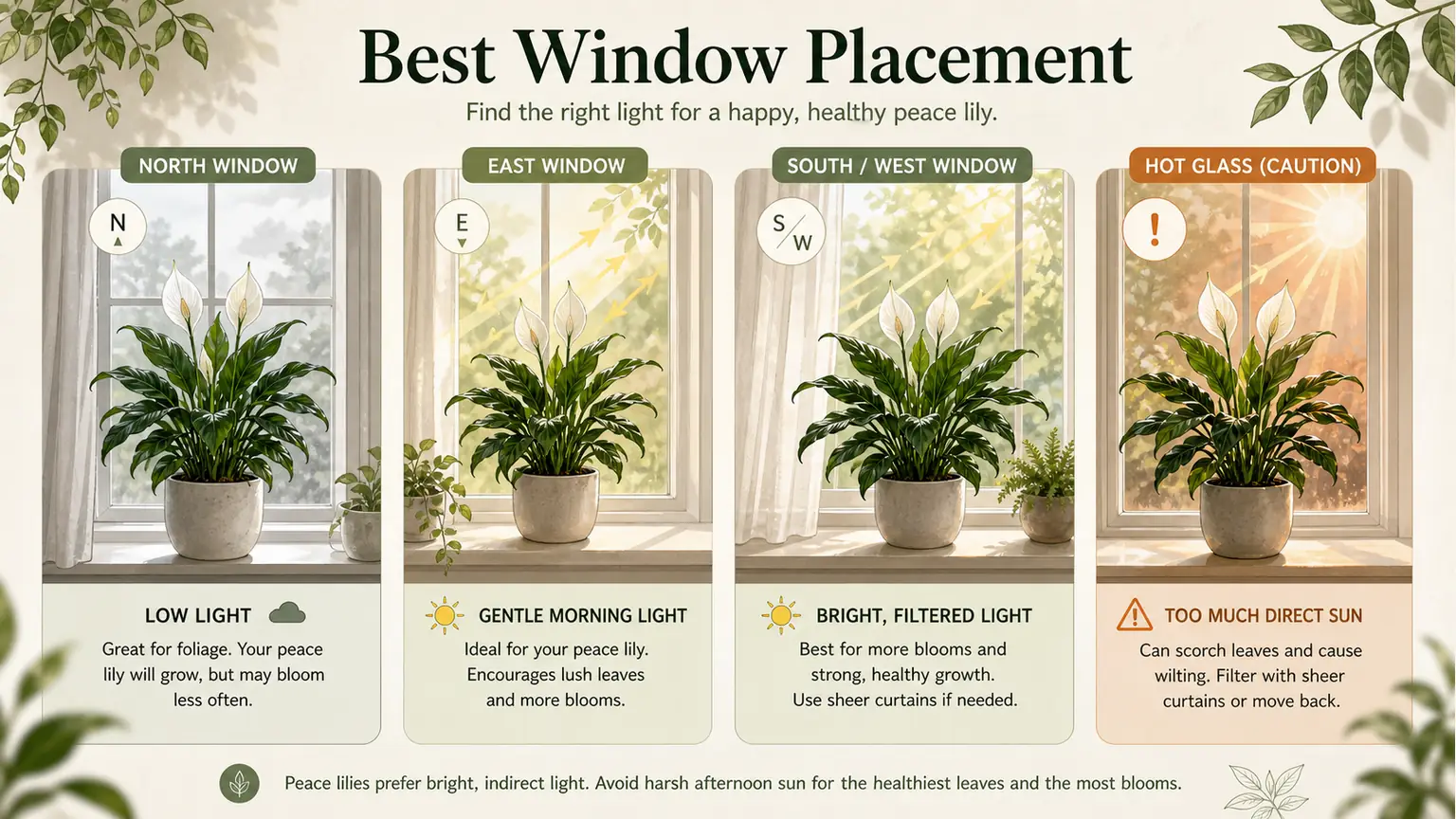 Illustrated peace lily window placement guide for north, east, south, and west windows