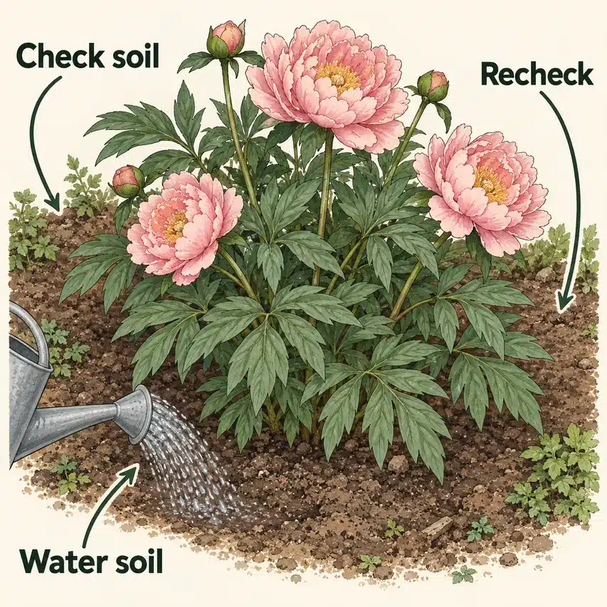 Watering sequence for a herbaceous peony: check soil, water beneath the outer foliage if dry, and recheck.