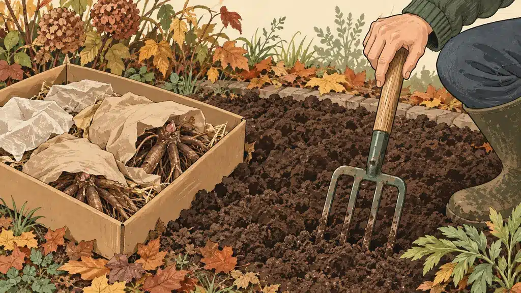 Botanical illustration of a gardener preparing an unfrozen garden bed beside newly arrived peony stock.