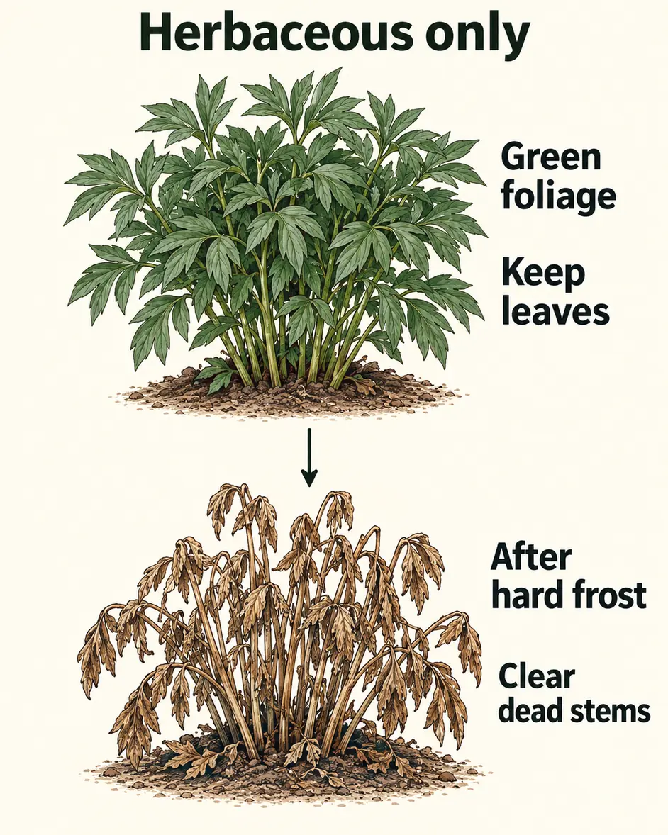 Stage chart contrasting retained healthy green peony foliage with dead herbaceous stems after a hard fall frost.