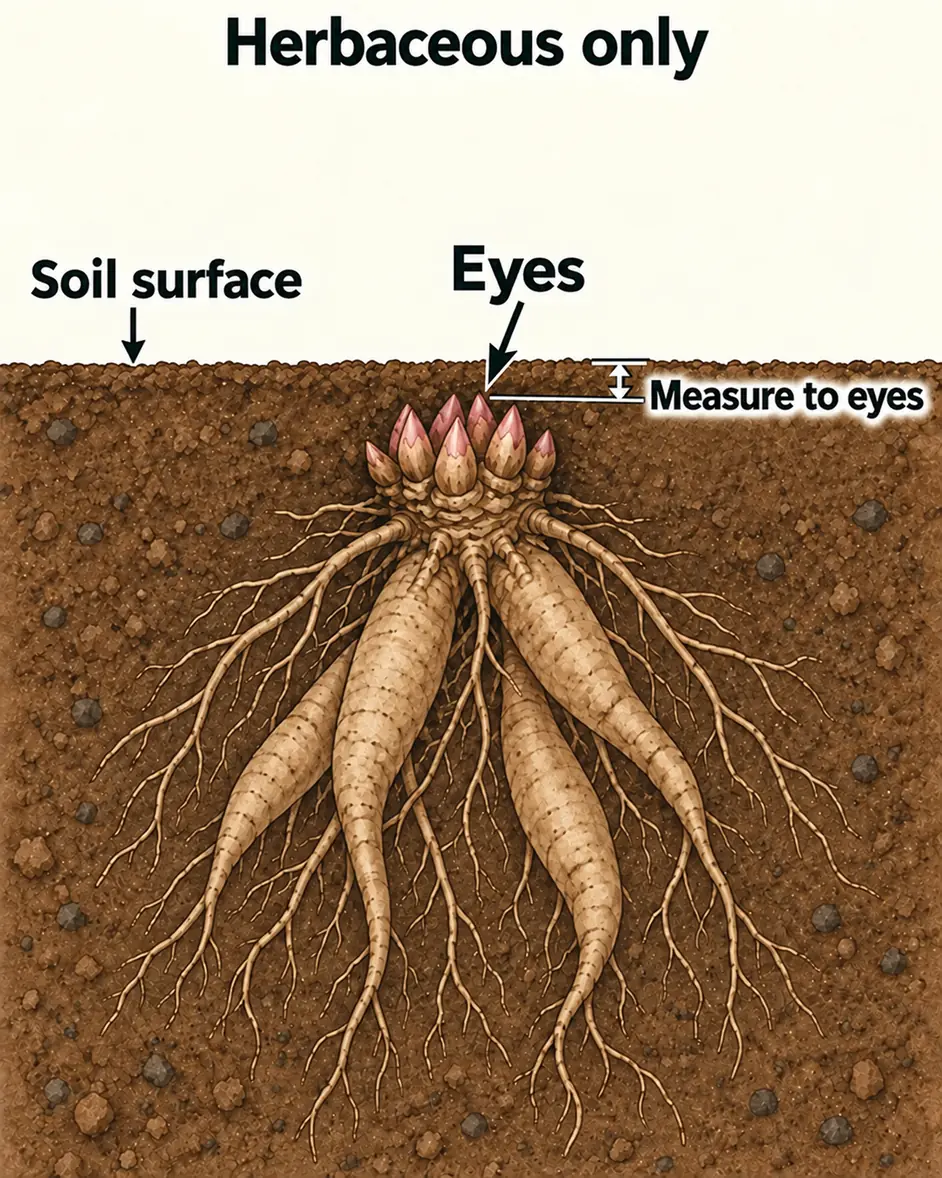 Schematic of herbaceous peony eye depth measured from the finished soil surface to the upper growth buds.