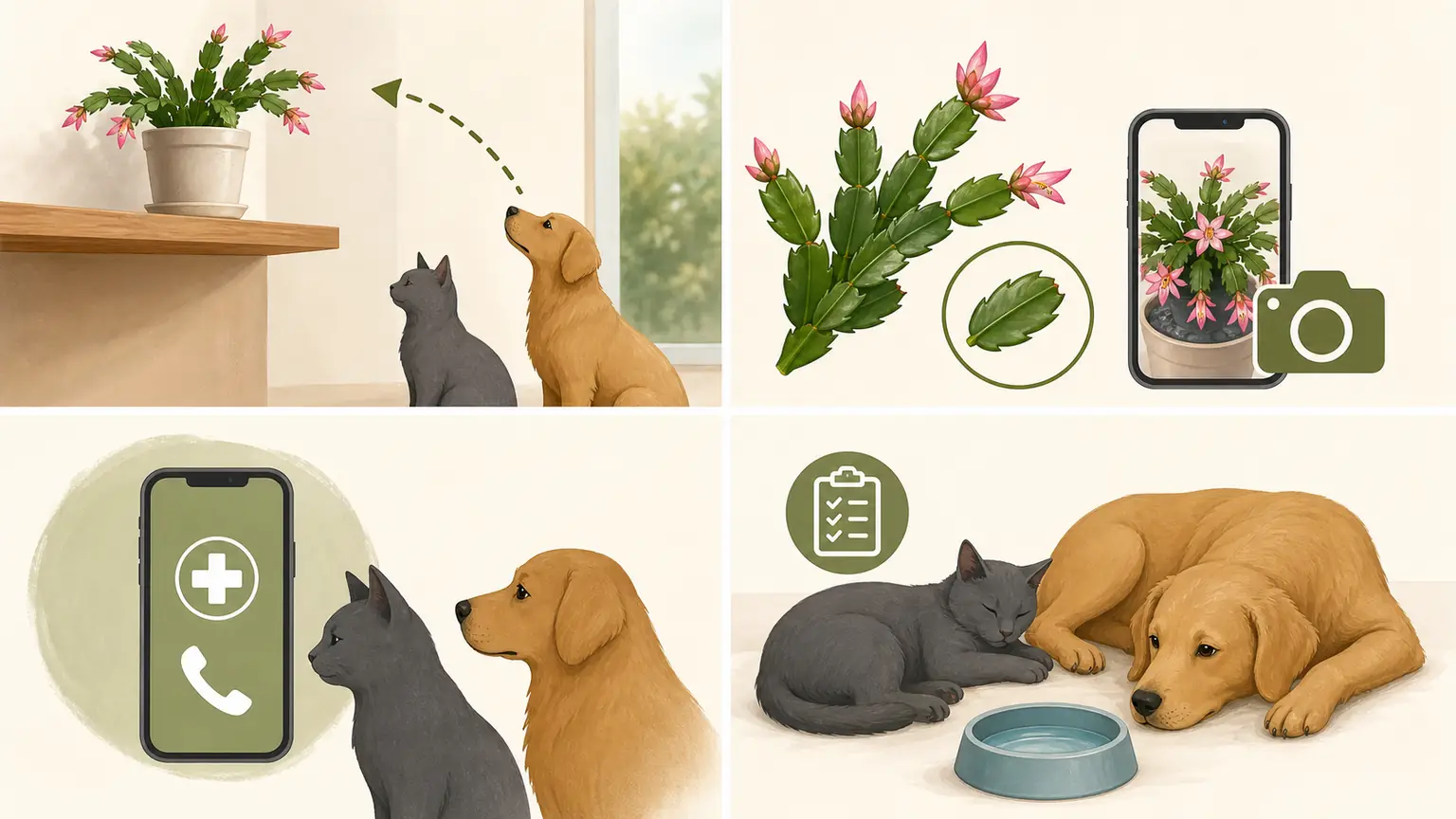 Illustrated action steps after a cat or dog chews Christmas cactus