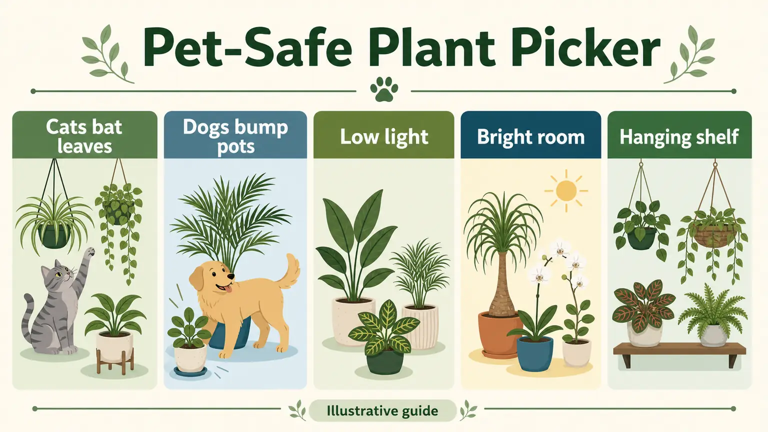 Illustrative pet-safe indoor plant picker by room and pet behavior