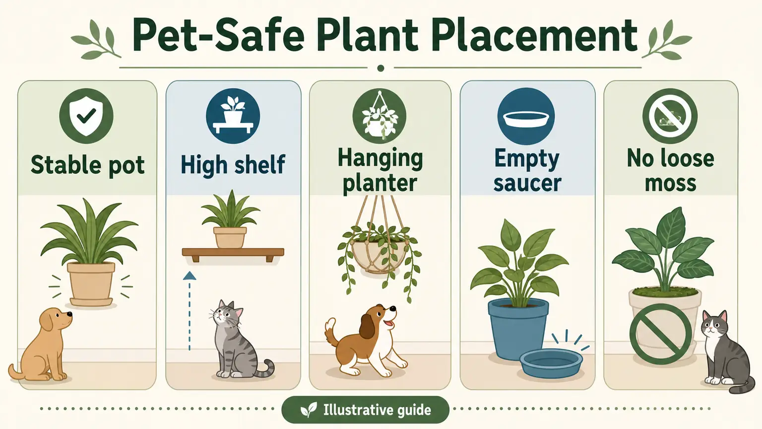 Illustrative guide to placing indoor plants safely in homes with cats and dogs