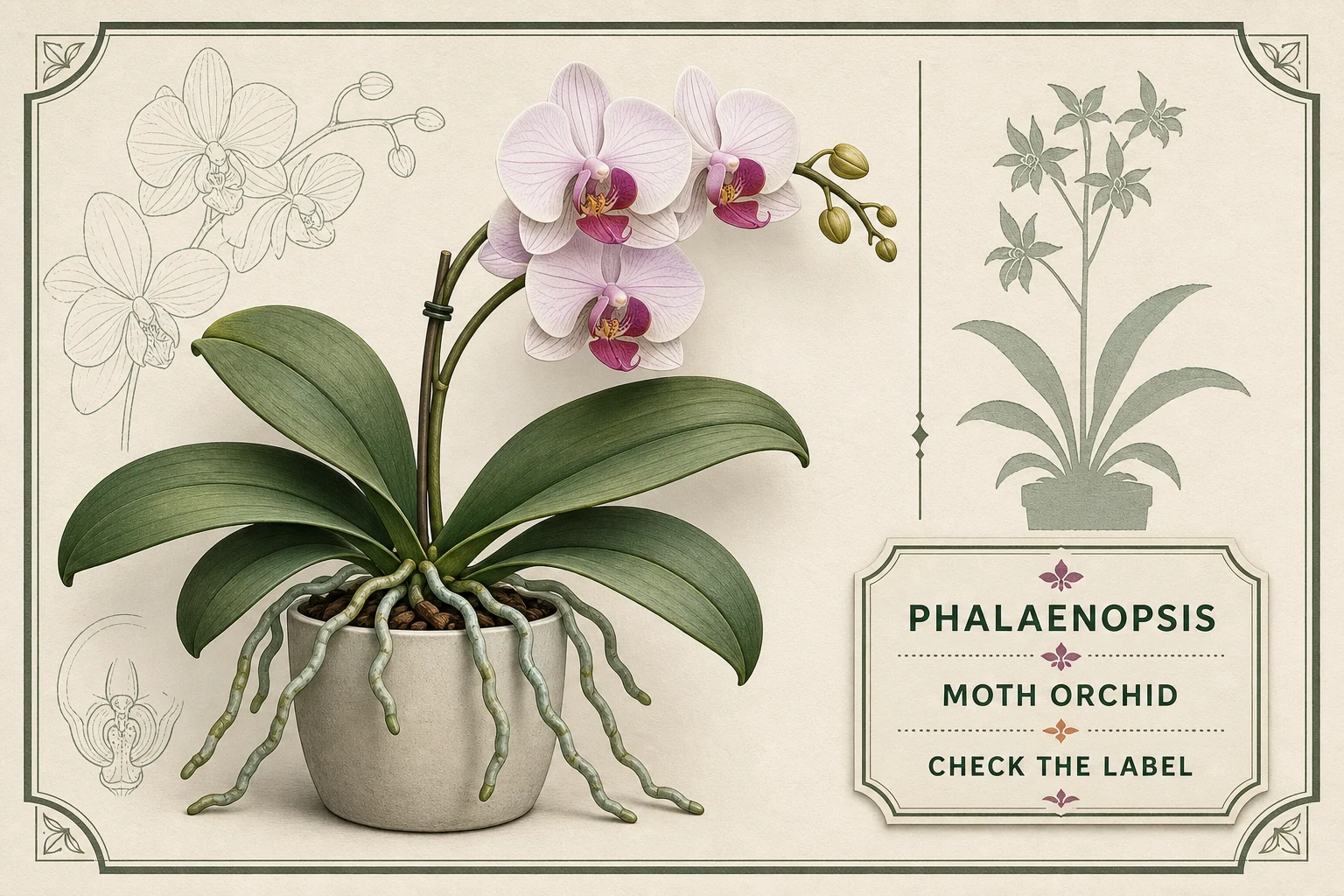 Botanical-editorial identification plate showing a Phalaenopsis moth orchid with broad leaves, roots, and a flower spike
