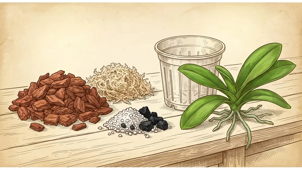 Ingredients for Phalaenopsis potting mix showing piles of fir bark, sphagnum moss, and perlite next to an orchid pot