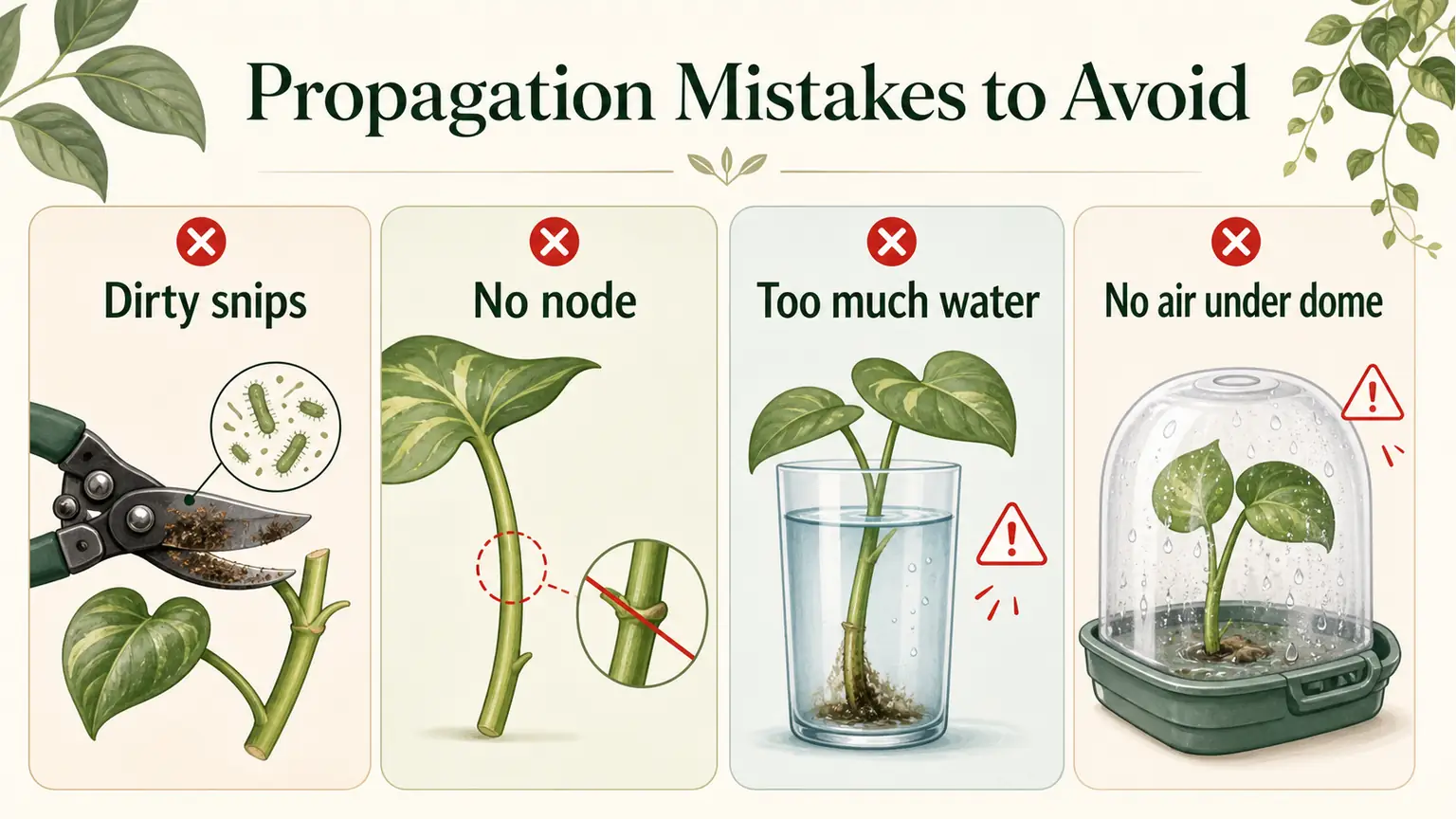 Illustrated propagation mistakes showing dirty snips, no node, too much water, and no air under dome