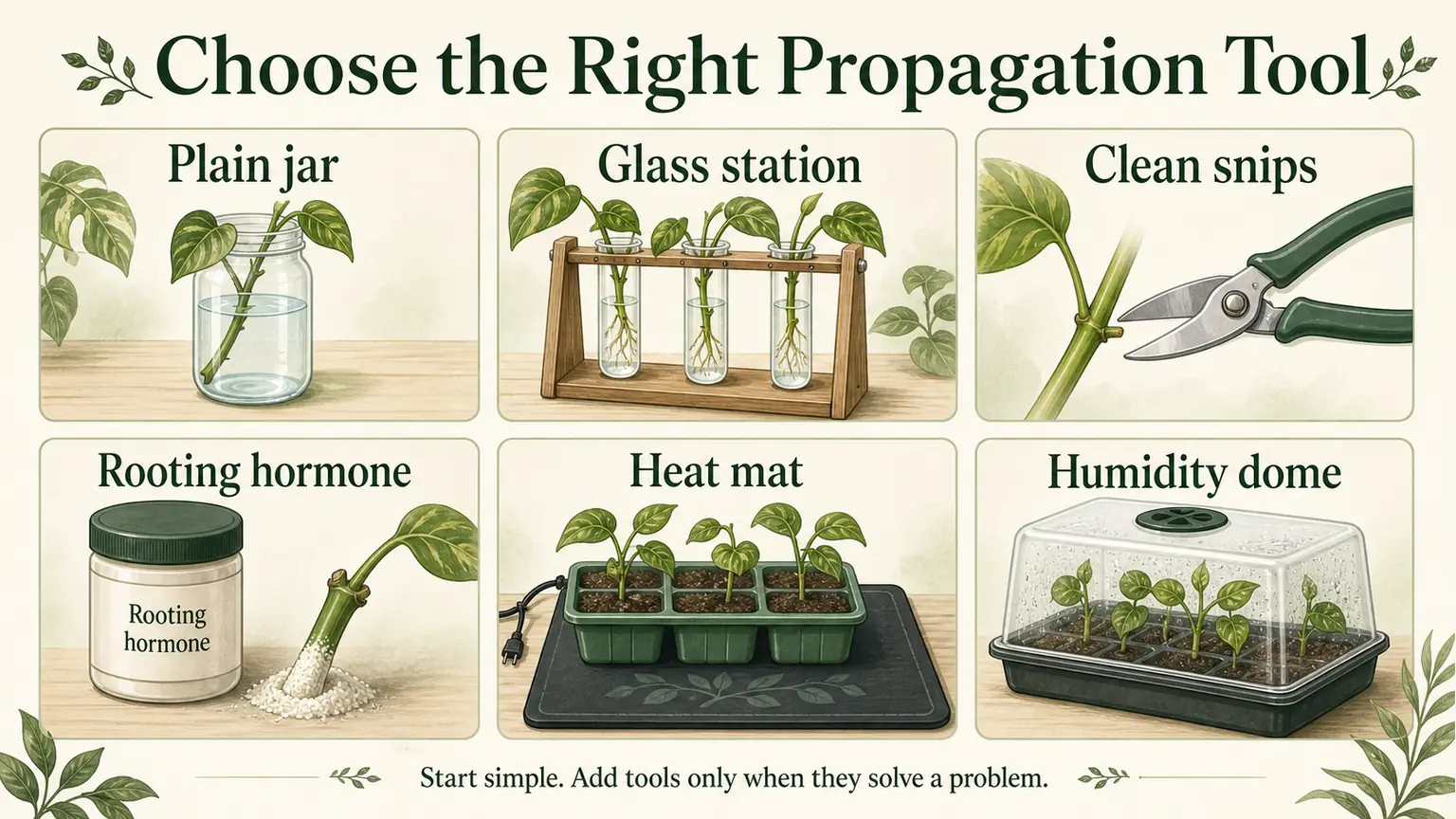 Illustrated propagation tool picker showing plain jar, glass station, clean snips, rooting hormone, heat mat with tray, and humidity dome