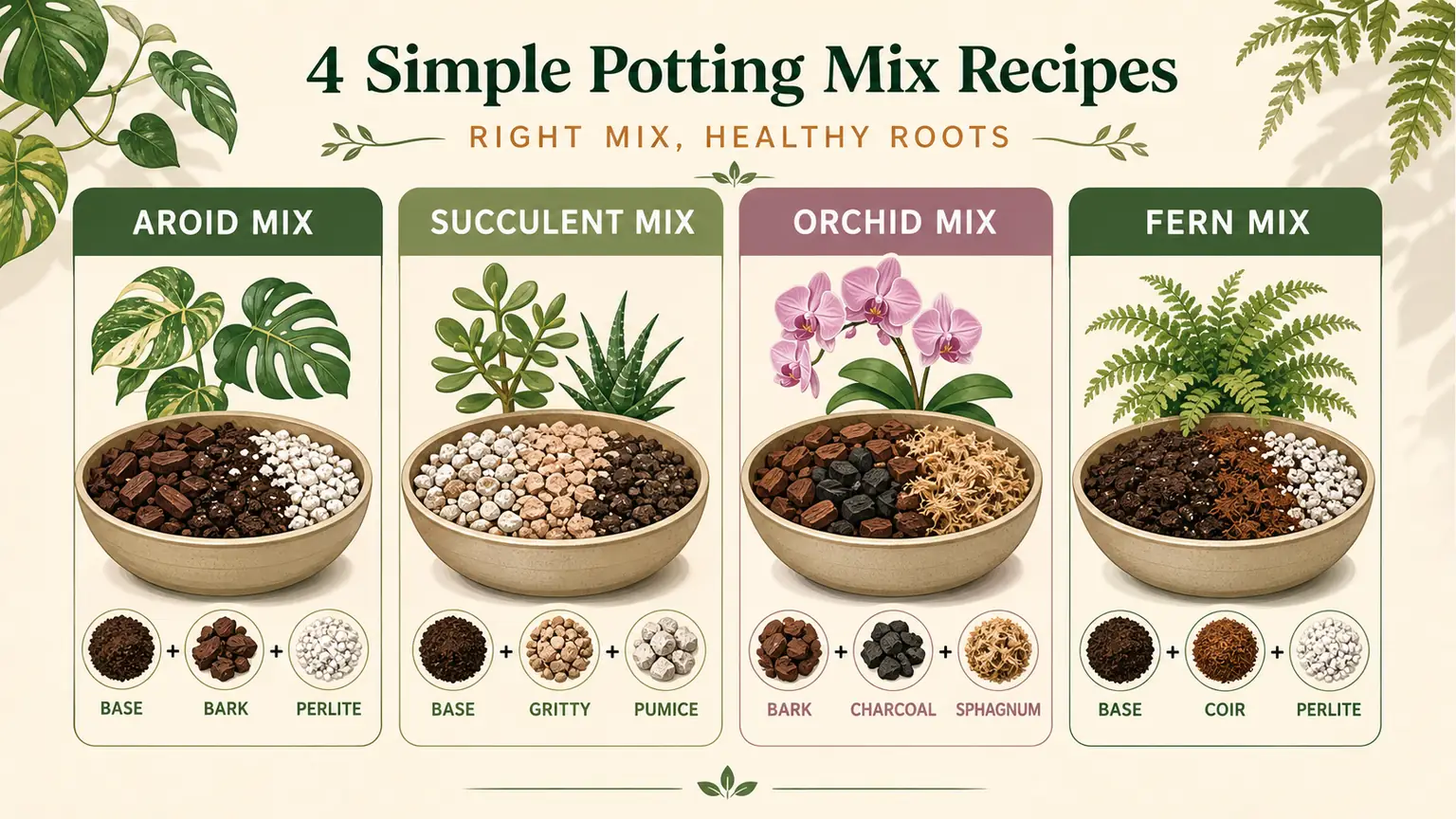 Illustrative potting mix recipes for aroids, succulents, orchids, and ferns