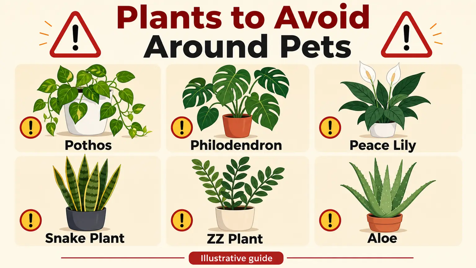 Illustrative graphic of common indoor plants to avoid around chewing pets