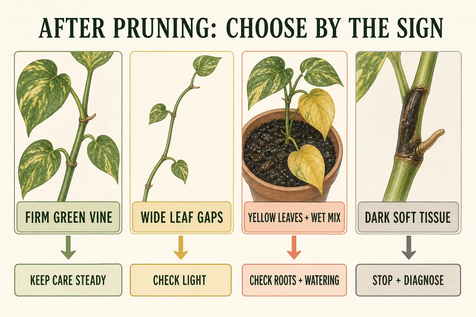 After-pruning pothos decision chart matching firm vines, wide leaf gaps, yellow leaves in wet mix, and dark soft tissue to next checks
