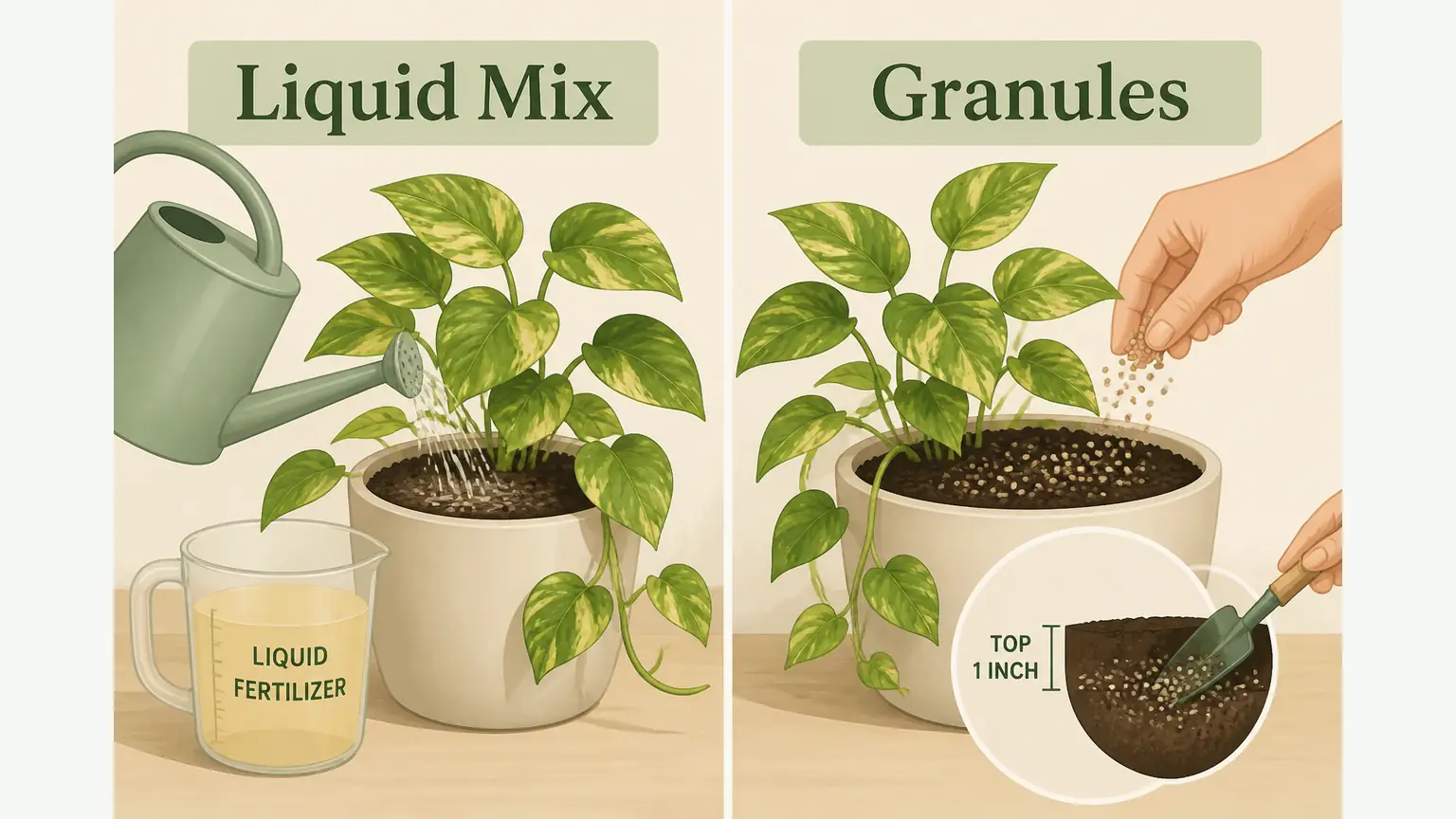 Illustrated guide showing how to mix liquid fertilizer in water vs sprinkling slow-release granules on soil