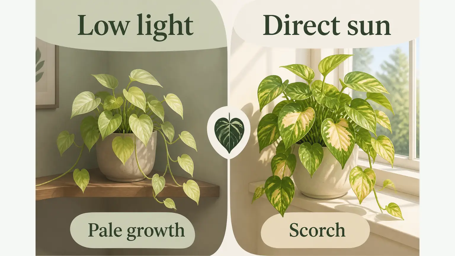 Illustrated pothos light stress guide showing low light yellowing and direct sun scorch