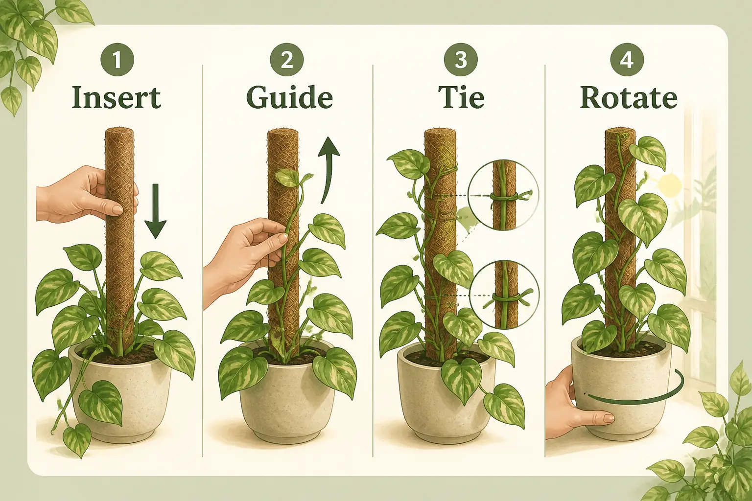 Illustrated step guide for inserting a pothos moss pole and attaching vines safely