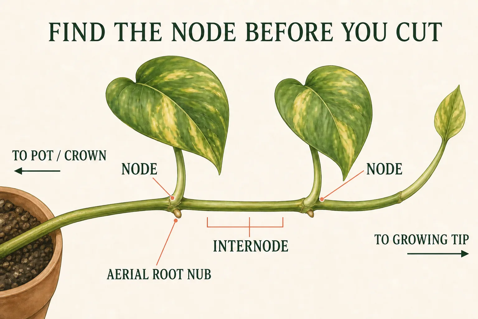 Golden pothos vine diagram labeling two nodes, the internode between them, and an aerial root nub