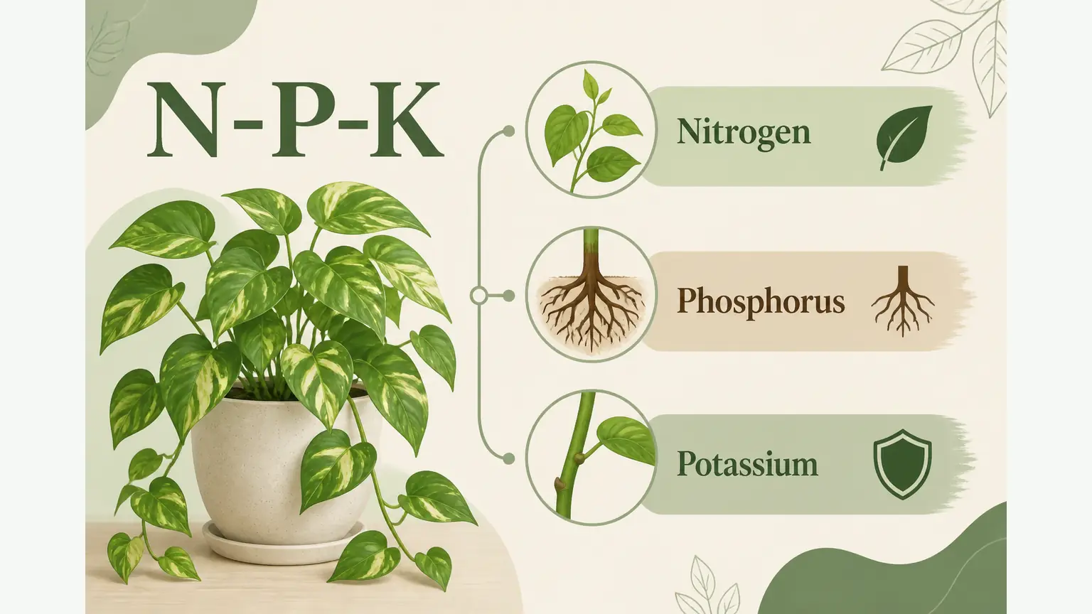 Illustrated NPK ratio guide for pothos showing Nitrogen for leaves, Phosphorus for roots, and Potassium for strength