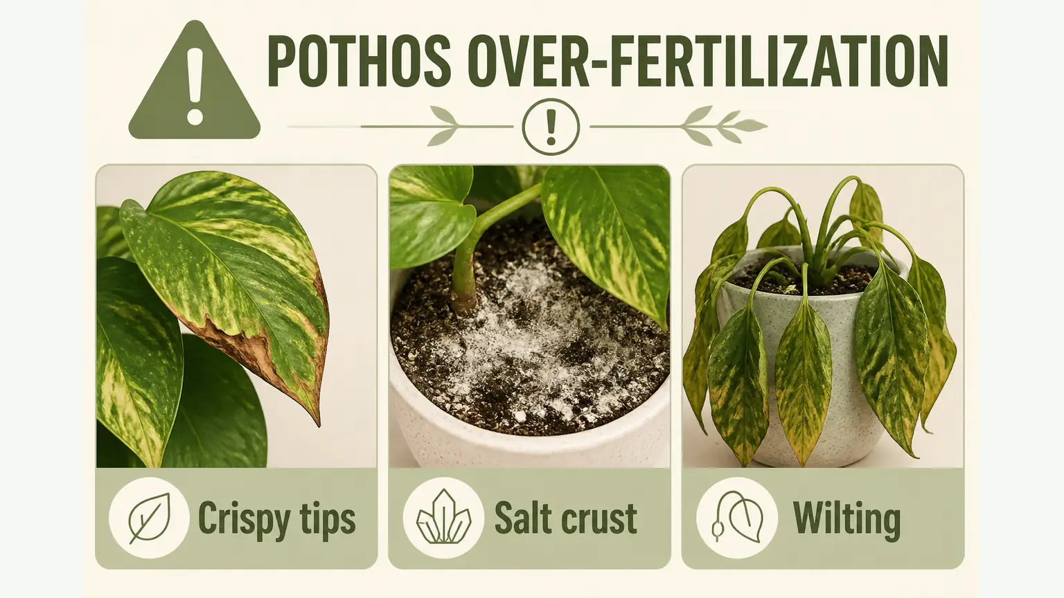 Illustrated troubleshooting infographic for pothos showing crispy brown leaf tips, soil salt crusts, and wilting from over-fertilization