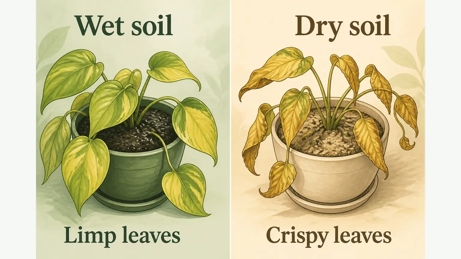 Illustrated comparison of overwatered and underwatered pothos leaves with opposite soil checks