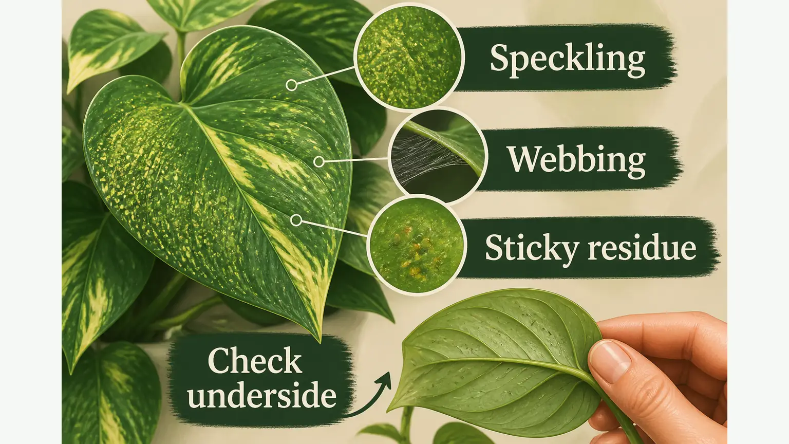 Illustrated pothos pest inspection guide for yellow speckling, webbing, sticky residue, and leaf undersides