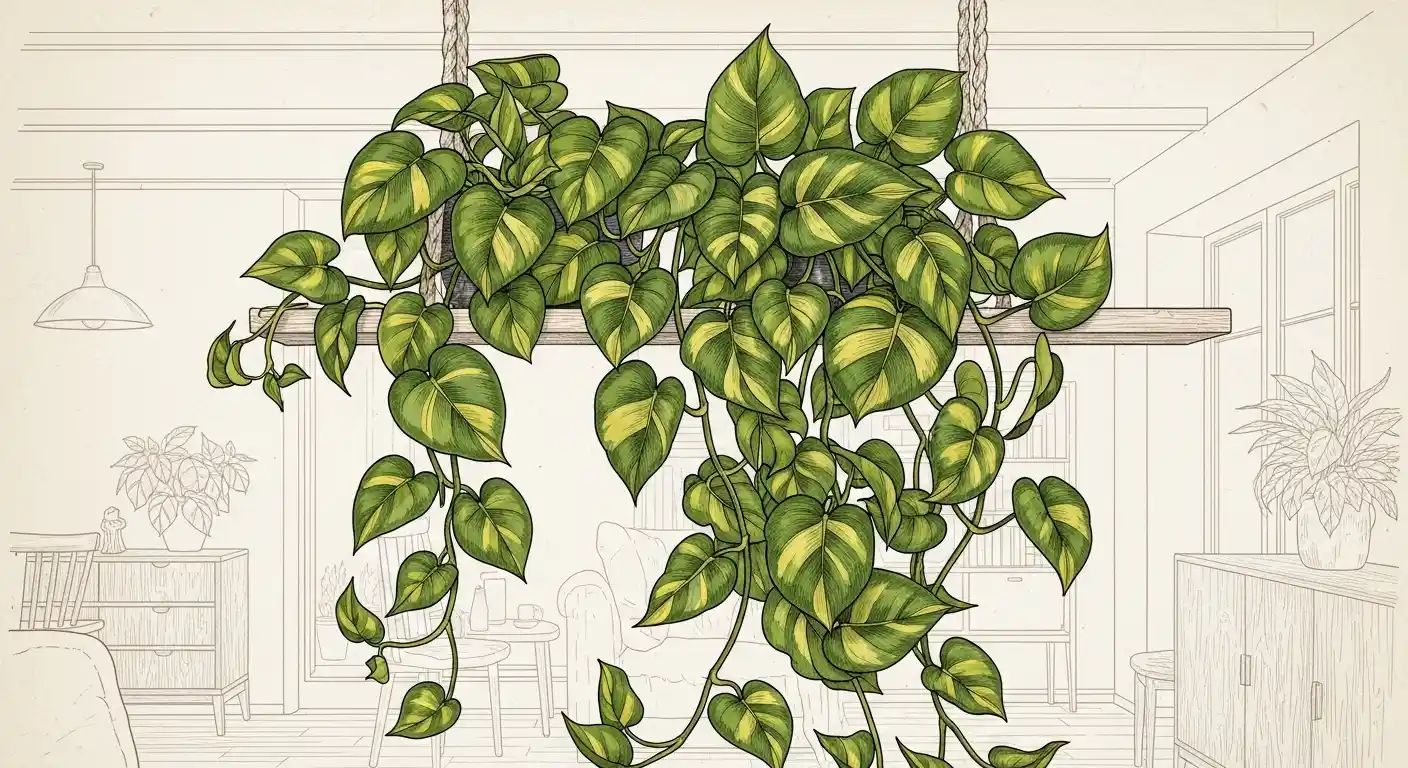 An artistic illustration for a guide on pothos plant care, featuring a lush golden pothos with vibrant, variegated leaves and long trailing vines in a hanging planter, showcasing the results of a thriving pothos indoor plant.