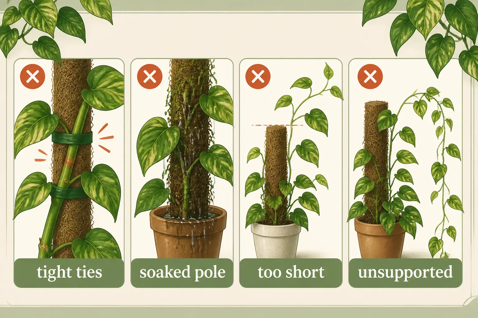 Illustrated pothos moss pole mistakes including tight ties, soaked pole, too-short pole, and unsupported top growth