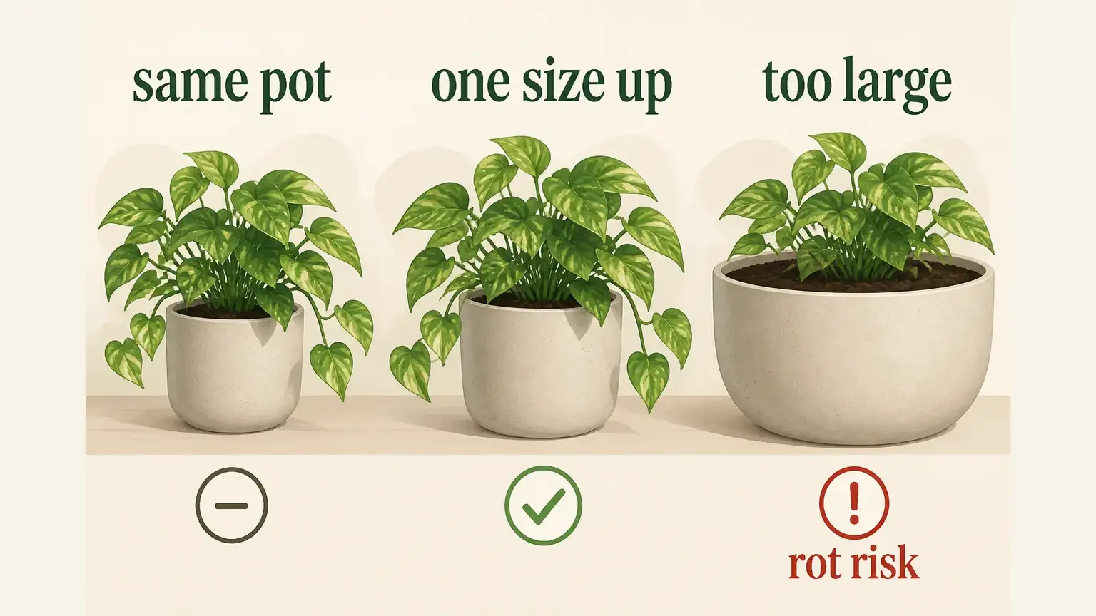 Illustrated pothos pot size guide showing same pot, one size up, and oversized pot risk