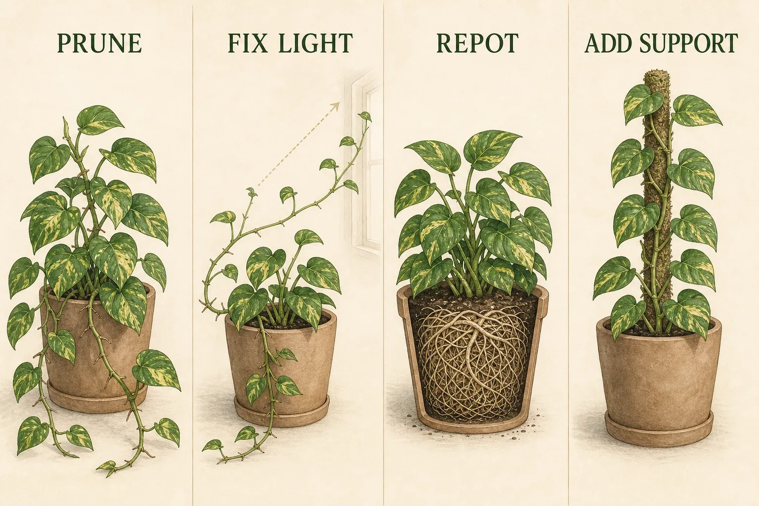 Pothos decision guide comparing pruning long vines, fixing weak light, repotting crowded roots, and adding climbing support