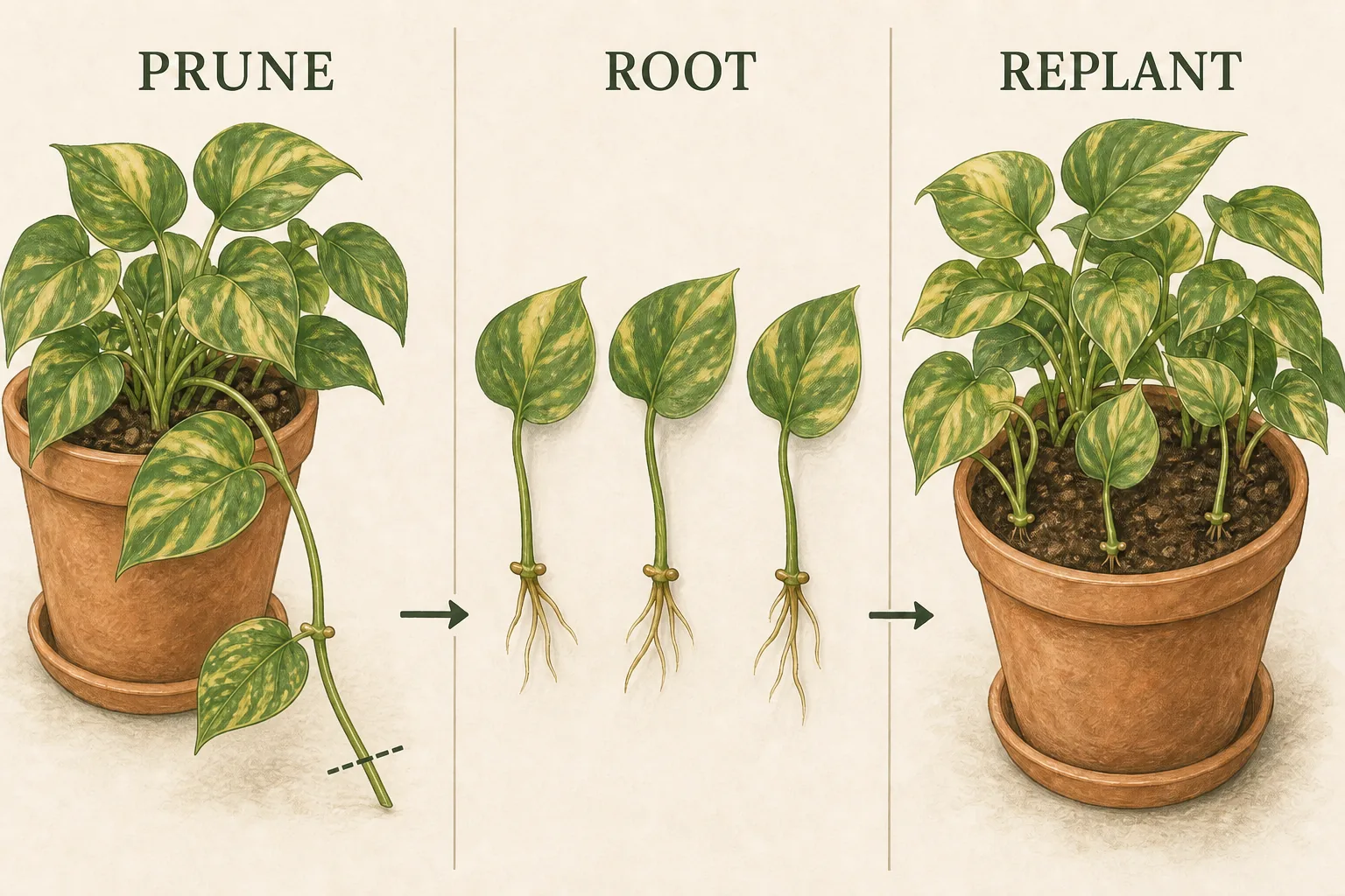 Three-step pothos sequence showing a parent vine pruned above a retained node, node cuttings rooted, and rooted stems replanted