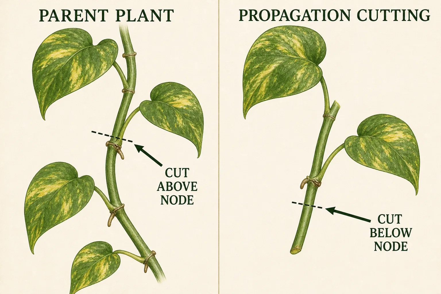 Golden pothos comparison showing a parent vine cut above its retained node and a detached cutting recut below a node