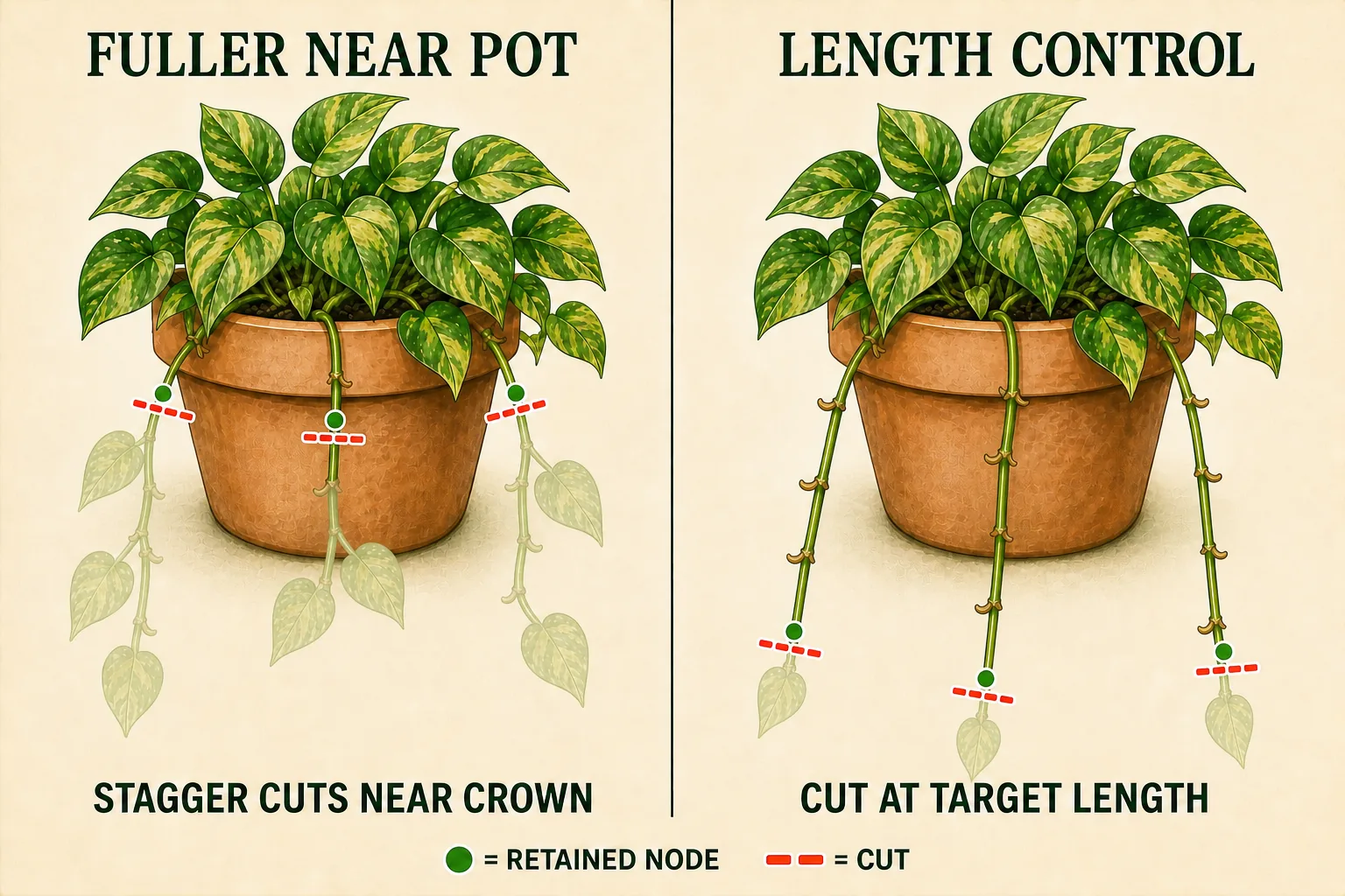 Matching pothos plants comparing staggered cuts near the crown with lower cuts at a target trailing length