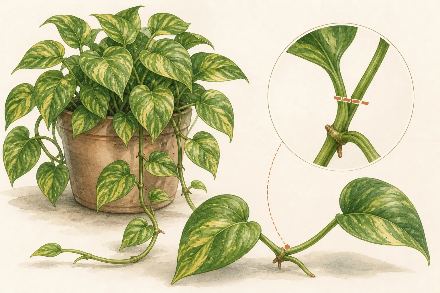 Illustrated golden pothos with a close view of a pruning point just above a retained node