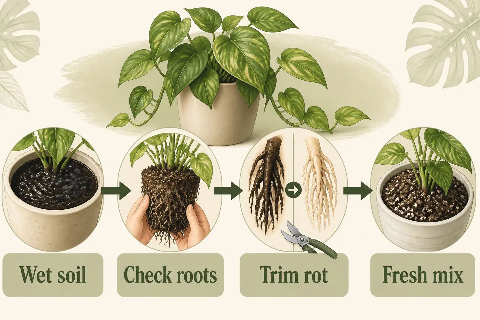 Illustrated pothos root rot check flow showing wet soil, soft stems, mushy roots, and fresh airy mix
