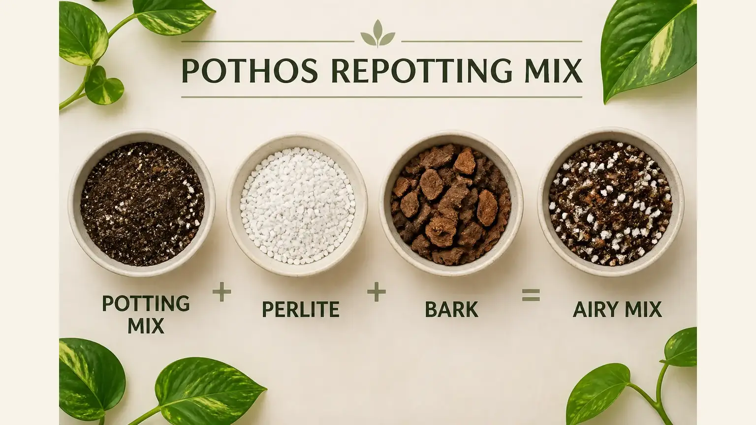 Illustrated pothos repotting soil mix with potting mix, perlite, and bark for drainage