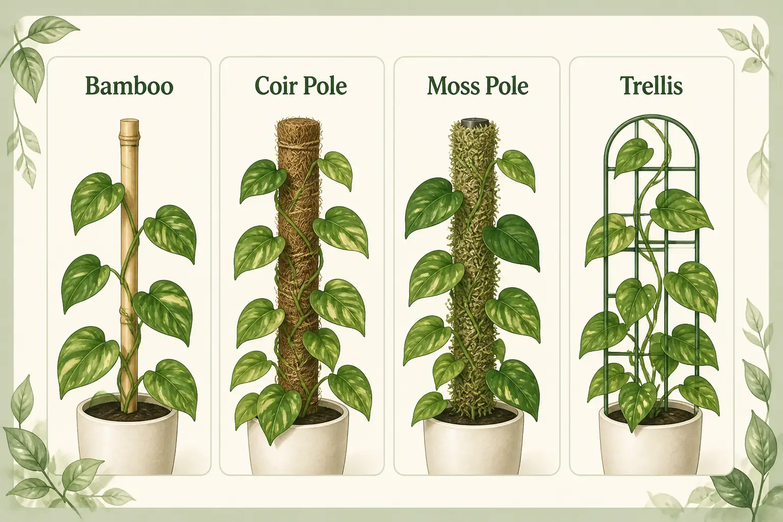 Illustrated comparison of pothos support types including bamboo stake, coir pole, moss pole, and trellis