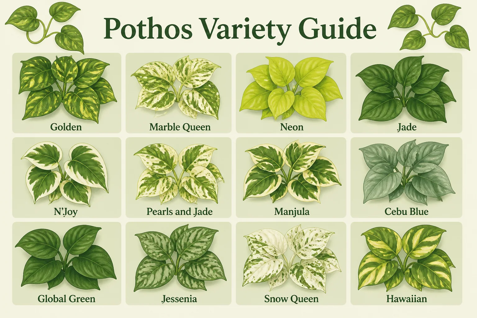 Illustrated comparison of 12 popular pothos varieties showing leaf color and pattern differences