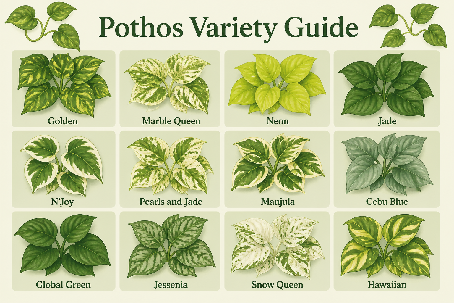 Illustrated comparison of 12 popular pothos varieties showing leaf color and pattern differences