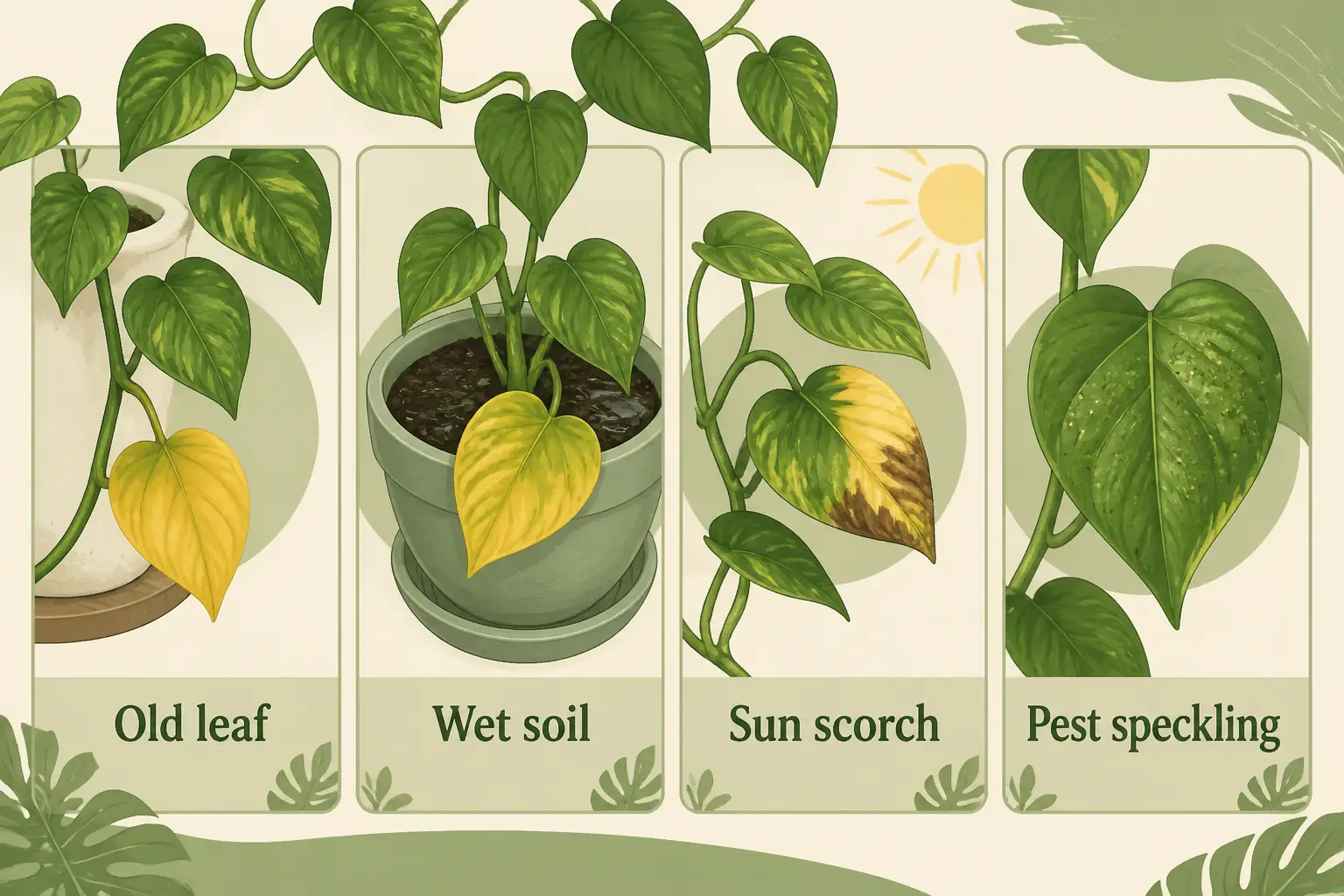 Illustrated pothos yellow leaf diagnosis guide showing old leaf yellowing, wet soil yellowing, sun scorch, and pest speckling