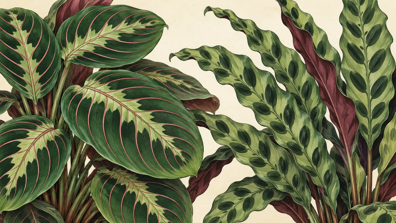 Text-free botanical illustration of broad patterned Maranta foliage beside narrow, wavy-edged Goeppertia foliage.