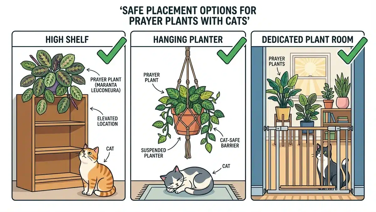 Cat-safe prayer plant placement infographic showing hanging planters, high shelves, cat grass, and keeping leaves out of reach