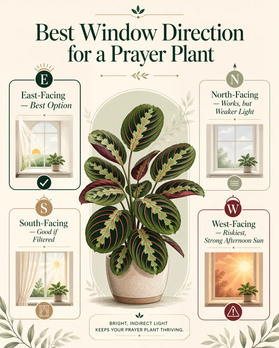 Prayer plant light requirements infographic showing bright indirect light, east-facing placement, and direct sun avoidance.