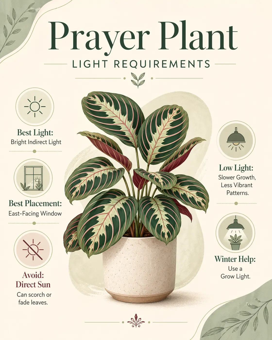 Prayer plant comparison showing too little light, ideal light, and too much light symptoms.