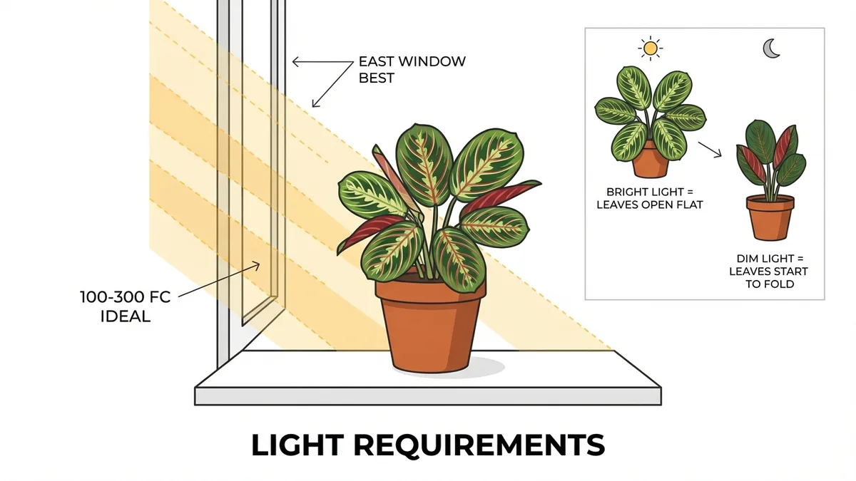 Prayer plant light requirements — east window placement and foot-candle guide for Maranta leuconeura