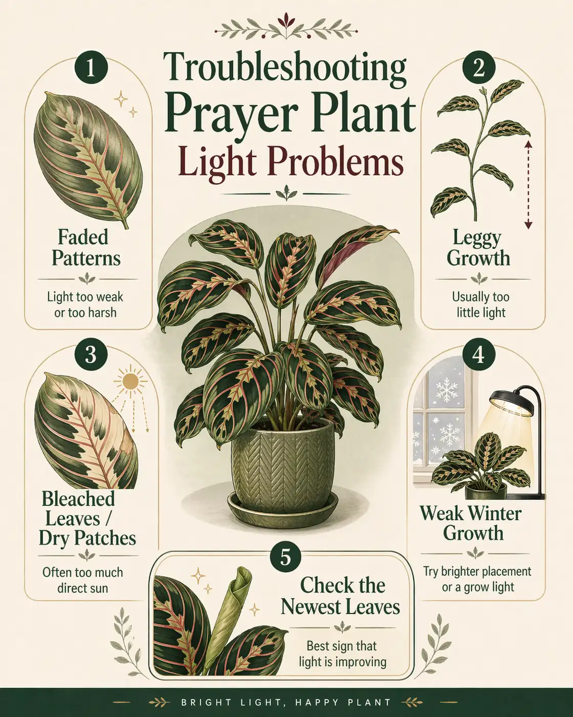 Prayer plant light problems infographic with faded pattern, leggy growth, bleached leaves, and weak winter growth cues.